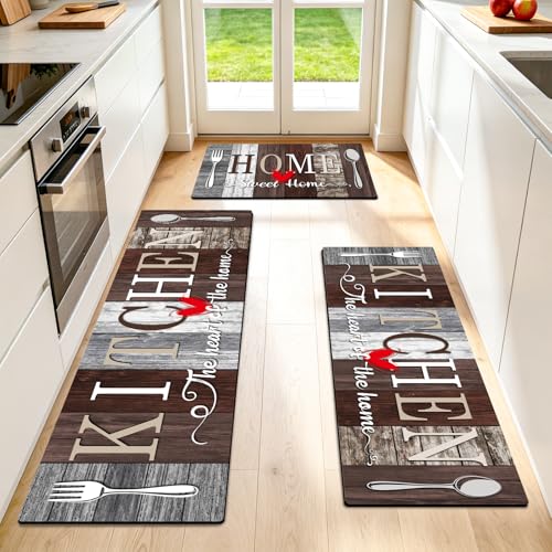 Kitchen Rugs Set 3 Piece, Non Slip Kitchen Mats for Floor, Soft Fabric with Rubber Backing, Farmhouse Anti Fatigue Runners Carpet for Home Kitchen Laundry Room Hallway Rustic Dark Brown & Grey - color: Rustic Dark Brown & Grey