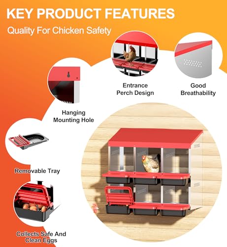 ZenxyHoC Two-Tier Chicken Nesting Box Red 6 Compartments | Metal Egg Laying Box with Rollout Egg Collection & Swing Perch for Backyard Chicken - size: 6 Compartments