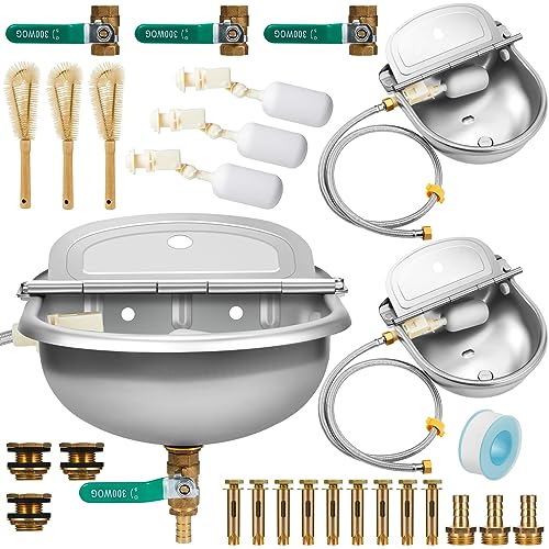 Tessco for you 3 Sets Automatic Animal Drinking Water Bowl, 304 Stainless Steel Livestock Waterer Dispenser for Dog Horse Goat Pig Cow, 4l/135oz with Float Valve and Water Tank, Drinking Trough