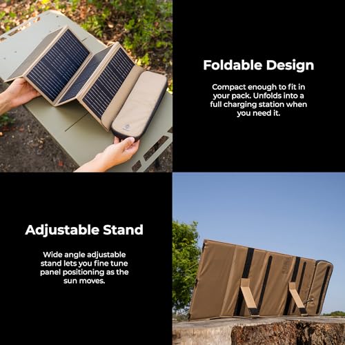 NESTOUT Portable Solar Panel, USB-C and USB-A Ports, 28W Solar Charger for Camping, Water Repellent Ripstop Nylon, Foldable Compact Design, Digital Ammeter, Adjustable Stand, Beige (4 Panel) - color: Beige 4-Panel (Upgraded)