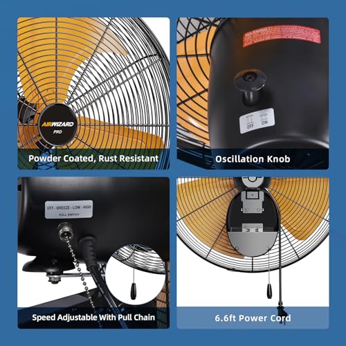 Pro Series 20 inch Oscillating High Velocity Wall Mount Fan, 6000 CFM Industrial Heavy Duty Metal Wall Fan, 3 Speeds, Adjustable Tilt, Quiet Operation Commercial Shop Fan for Garage - size: 20 inch - Indoor