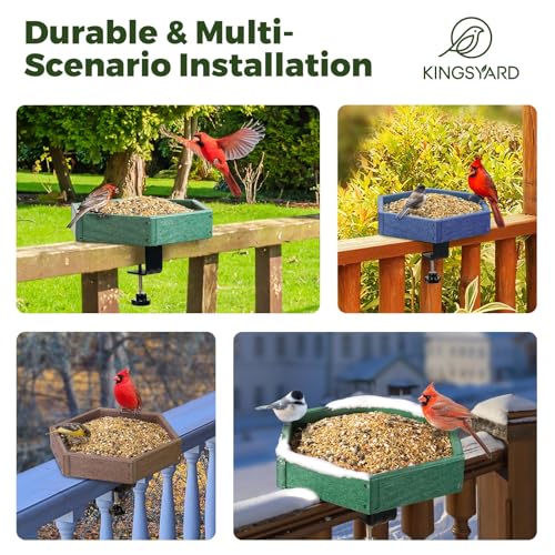 Kingsyard Clamp-On Deck Bird Feeder for Balcony Railings, No Drill | Recycled Poly Lumber, Weather Resistant, Mesh Tray for Airflow & Drainage, Fits Railings up to 2.2 in - color: Brown