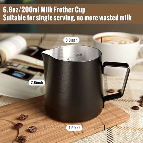 HULISEN Milk Frothing Pitcher, 6.8oz/200ml Stainless Steel Frother Cup | Small Steaming Pitcher for Espresso Machine, Latte Art Pour Cup, Measurement Markings, Dishwasher Safe, Black - size: 6.8 Ounces