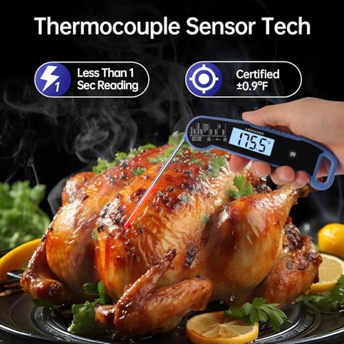 Lonicera Instant-Read Meat Thermometer, 1-Second, IP67 Waterproof, Blue | Thermocouple sensor delivers readings in 1 second with ±0.9°F accuracy, plus IP67 waterproofing, auto-rotate and wake - color: BLUE