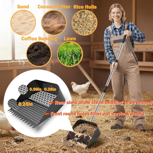 2-in-1 Chicken Poop Scooper & Rake,Large Adjustable Metal Shovel Head Chicken Coop Scooper for Sand with 22 to 63",10" Wide Durable Sand Sifting Shovel with Grip for Chicken Coops & Small Farm Animals