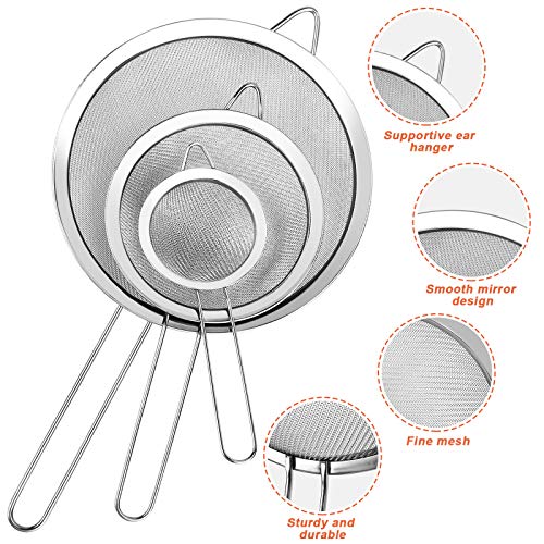 3Pcs Super Wire Extra Fine Mesh Strainer with Handle, Small Medium Large Size Sifter Metal Strainer Set, Stainless Steel Sieve Fine Mesh Strainers for Kitchen Rice Juice Quinoa Food Flour Baking YLYL