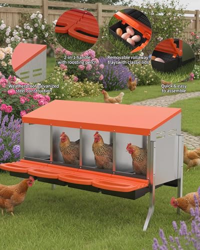 Metal Chicken Nesting Box with Easy-Collect Tray & Lid – 3/4/2x2 Compartment Heavy Duty Roll Away Nesting Boxes for Chickens, Wall Mount or Freestanding, Galvanized Steel Hen Laying Box for Coop