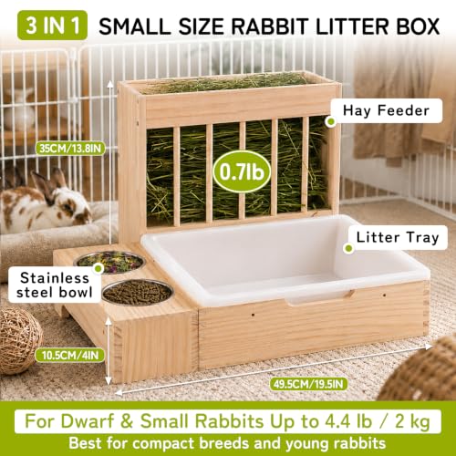 3-in-1 Rabbit Hay Feeder with Litter Box, Bowl Tray for Small Bunnies | Hay Storage Holds 0.7 lb of Hay, Includes a Mini Brush,Easy Clean,Wooden Bunny Toilet for Netherland Dwarf, Polish - size: Medium