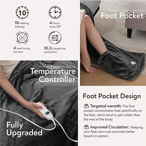 Wapaneus Foot Pocket Heated Blanket Electric Throw with 10 Heating Levels and Auto Shut Off, Flannel Fast-Heating Heated Throw 50" x 60", Machine Washable, Dark Grey - color: Grey, size: 50*60in