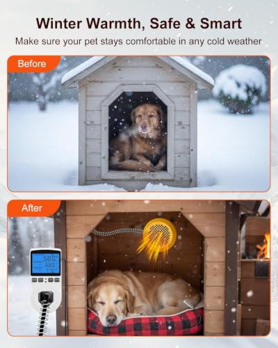 400W/800W Dog House Heater with Thermostat, Pet House Heating for Winter | Smart Temperature Control 24H Timer, Overheat Protection & Chew Proof Cord, Wall-Mounted Heater for Kennel Cat Chicken Coop