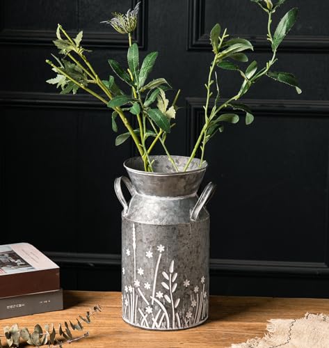 Vintage Galvanized Metal Milk Can, Farmhouse Rustic Flower Pitcher Vase, Decorative Floral Milk Jug Vase for Home Décor, 10.8’’H - color: Floral Milk Can