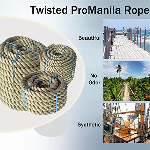 LABLT 3/4 inch Twisted ProManila Rope Cordage, 100 feet UnManila 3 Strand Synthetic Polypropylene Rope Tan Thick Polypropylene Rope for Indoor Outdoor Use, Tug of War, Marine - size: 3/4in*100ft