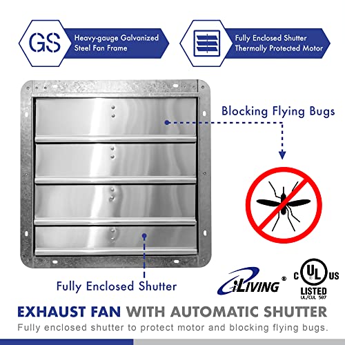 iLIVING 16" Wall Mounted Shutter Exhaust Fan, Automatic Shutter, with Thermostat and Variable Speed controller, 0.85A, 1200 CFM, 1800 SQF Coverage Area Silver (ILG8SF16V-ST) - size: 16"