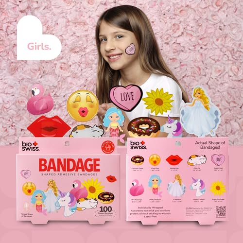 BioSwiss Bandages, Assorted Animal, Fun and Food Shaped Self Adhesive Bandage, Latex Free, Sterile Wound Care, 100 Count - size: 100-Count Box, style: Girls Assorted