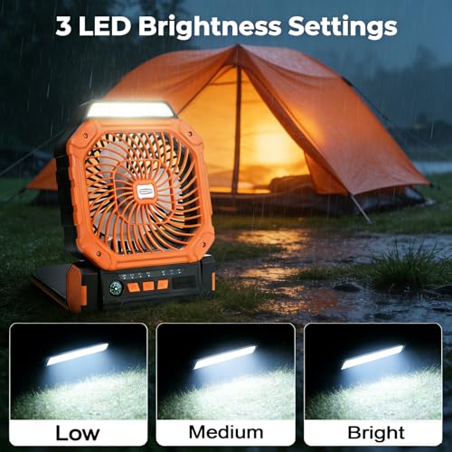 Solar Fan with LED Lantern - 10W Solar Panel Rechargeable Battery Powered Camping Fan for Outside, Portable Battery Operated Hurricane Supplies for Picnic, Barbecue, Fishing, Travel