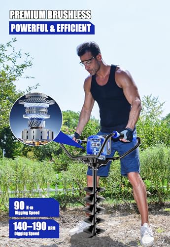 Wild Badger Power 40V Cordless Electric Earth Auger Post Hole Digger Kit | 8-in by 31-in brushless auger with 66 ft-lb torque, 2 speeds, reverse and anti-kickback; 4.0Ah battery and charger included.