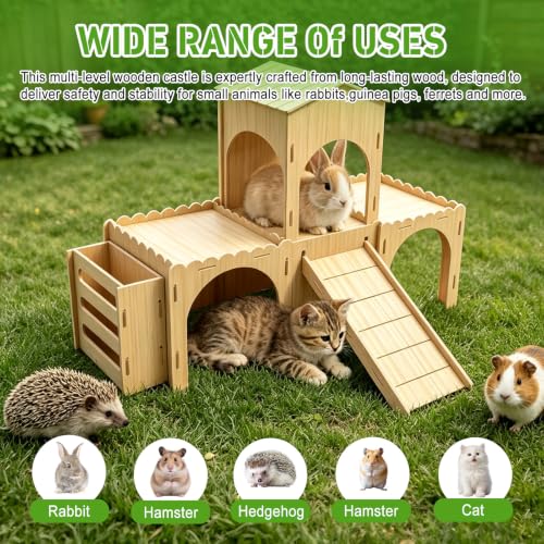 Large Rabbit Castle, Large Rabbit House Wooden Bunny House with Hay Feeder, Tool-Free Assembly for Small Animal Rabbit Guinea Pig Hedgehog