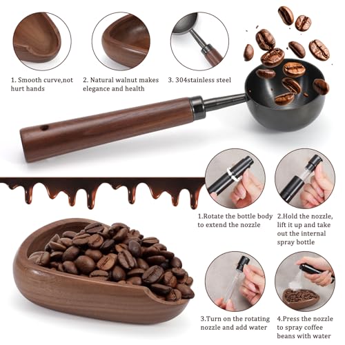 3pcs Coffee Bean Dosing Cup Set, Walnut Wood Cup Dosing Spoon Spray Bottle | Coffee Bean Dosing Cup Set in Gift Box, Static Reduction Precise Measuring for Espresso Tea Coffee Bar Accessories Kit - color: Black and Brown