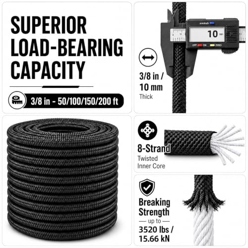 Braided Polyester Arborist Rope (3/8 inch X 150 feet) High Strength Bull Rope for Tree Work Truck Securing Camping Swing, Black - size: 3/8 inch X 150 feet