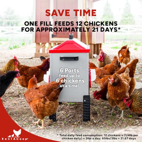 RentACoop 65 lb Large Capacity Chicken Feeder with 6 Ports, Adjustable Legs - size: 65 LB