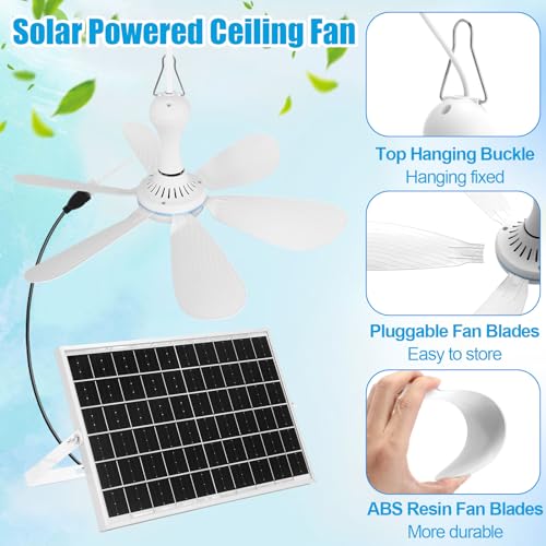 Tujoe 2 Set Solar Ceiling Fan Kit 16.5'', 15w Monocrystalline Solar Panel USB Ceiling Fan with Remote Control, Timer, Quiet Operation for Outside, Patio, Tent, Chicken Coop, Greenhouse, Shed, Camping