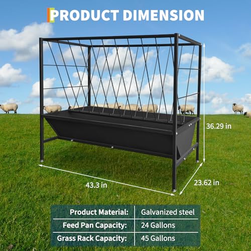 GarveeLife Pasture Hay Feeder 45 Gallon, Heavy Duty Steel 2-in-1 Livestock Feeder, Hay Grain Feeding Trough with 24 Gallon Feed Pan, Livestock Feeder for Sheep, Calf, Cow and Horse, Black