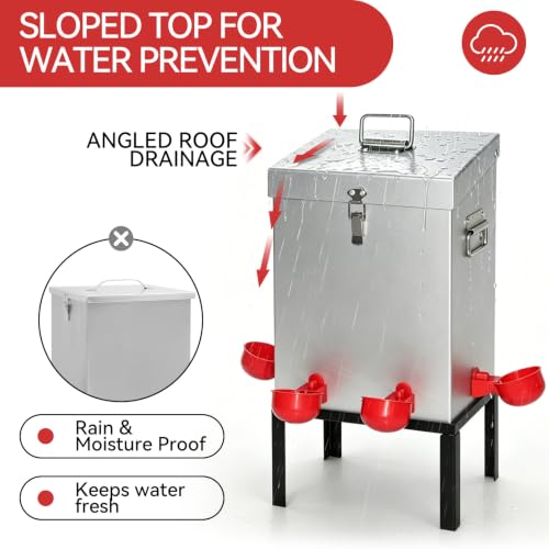 3 Gal Galvanized Steel Poultry Waterer, Automatic Poultry Waterer | Chicken Waterer with 4 Water Cups, Reinforced Base & Secure Latch, Heavy Duty Watering System for Backyard Chickens Ducks