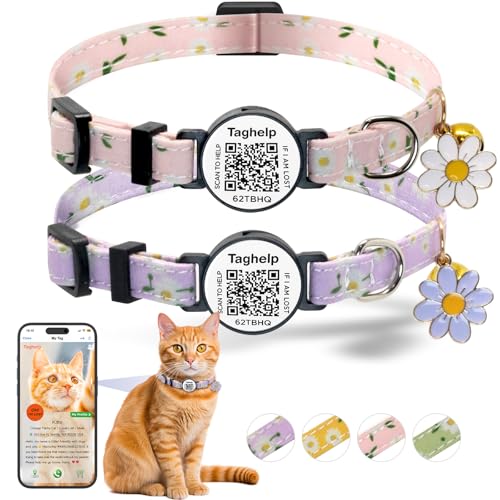 Smart QR Code Cat Collar 2-Pack, Adjustable Safety Breakaway Collar with Digital Pet ID, Flower Pendant & Bell for Indoor Outdoor Cats (Pink & Purple) - color: Pastoral style - Pink & Purple