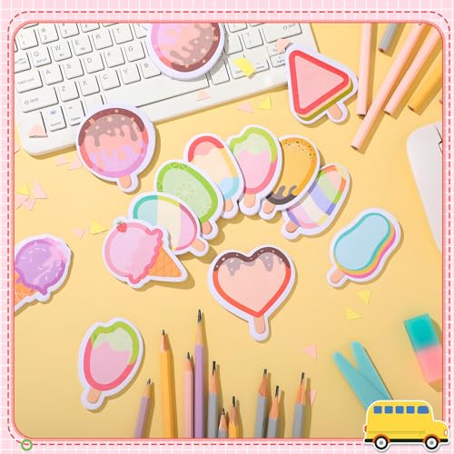 Yinder 24 Pads Ice Cream Sticky Notes Cute Kawaii Cartoon Self Adhesive | Bulk Memo Pads for Back to School Gift, Office Veterinary Supplies, Party Favors, Colorful Heart Triangle Shapes - style: Ice Cream