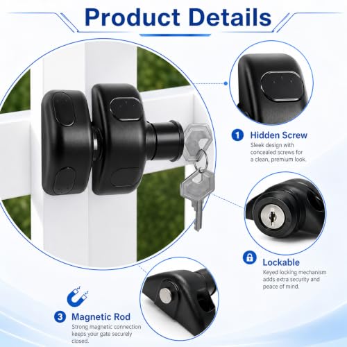 Magnetic Gate Latch, Lockable Side Pull for Wood Vinyl Metal Gates for Home, Yard & Garden Fences（Black）