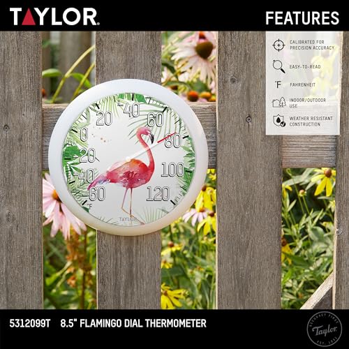 Taylor Flamingo Indoor Outdoor Dial Thermometer, Decor for Patio, Pool, or Garage, 8.5 Inch, White Bezel (Pack of 2) - size: 8.5-in (Pack of 2)