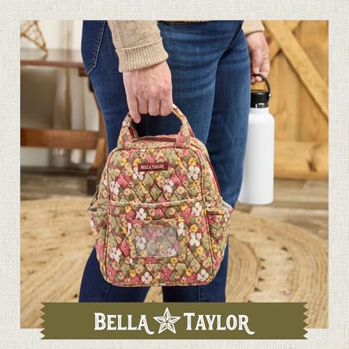 Bella Taylor Lunch Tote, Quilted Lunch Bag, Autumn Garden | Lightweight quilted cotton lunch box, easy-to-clean PEVA lining, 3 outside/1 inside pocket, durable construction - color: Autumn Garden