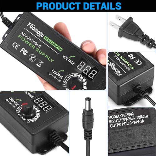 Facmogu Adjustable Power Supply 9V-24V 3A 72W, Variable Voltage Adapter | Universal Replacement AC/DC Power Adapter | With Digital Display | For Fan Speed Controller, DC Motor, Router & LED Lights - size: 9-24V 3A