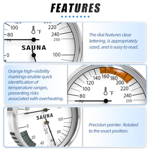 MEANLIN MEASURE Sauna 2 in 1 Fahrenheit Thermometer and Hygrometer, Stainless Steel Thermometer Gauge, 70-250°F, 0-100% RH for Sauna Room, Indoor Humidity Temperature Monitor Gauge Sauna Accessories