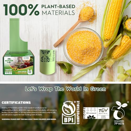 Compostable Trash Bags 1.2-1.6 Gallon Handle Tie 50 Count 0.6 Mil 6.06 Liter Small Compost Bags for Countertop Bin Biodegradable Bags Green for Kitchen ASTM D6400 & BPI Certified, OK Compost Home - color: 1.6 Gallon Handle Tie, 50 Count