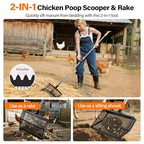 AsFrost 2-in-1 Chicken Poop Scooper & Rake for Chicken Coop | 12" Heavy Duty Litter Scooper Sand Sifting Shovel, Adjustable 26" to 76" Stainless Steel Handle for Small Farm & Sand