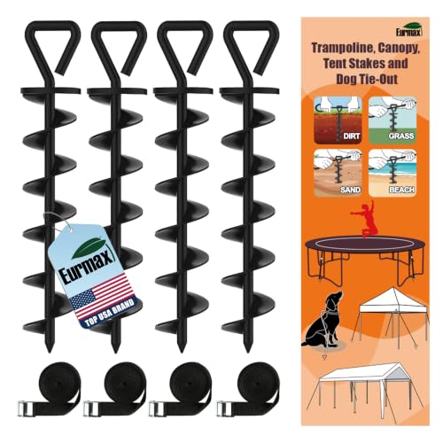 Eurmax USA 4 Pack Heavy Duty Ground Stakes,Industrial Grade Spiral Steel Screw-in Trampoline Anchors with 4 Reinforced Straps,High Wind Stabilizing Kit for Dog Tie-Out,Canopies,Sheds,Swing Sets,Black - color: Black, style: Triangle Head Pro