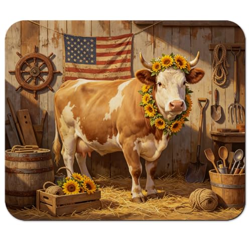 Farm Cow with Sunflower Wreath Mouse Pad 9.5" x 7.9", American Flag Rustic Barn Cute Desk Mat, Country Aesthetic - color: Cow with Sunflower