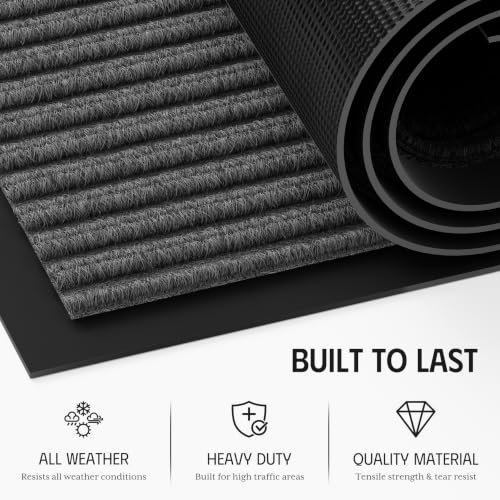 Front Door Mat, Non-Slip Heavy Duty Indoor Outdoor Doormat, 3'x5' | Light Grey Striped, Absorb Moisture & Dirt, Low Profile, Non-Slip Backing, All Weather, Indoor Outdoor Floor Mat for Entryway - color: Light Grey Striped, size: 3' x 5'