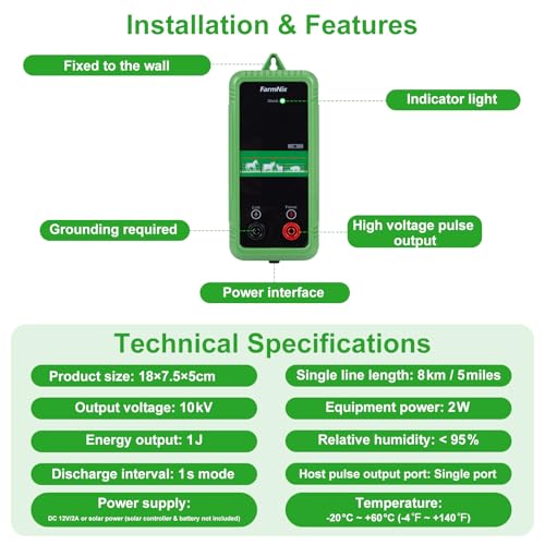 EF-07, 10KV Electric Fence Charger, 5 Miles 1 Joules Pulse Energy | Waterproof Electric Fence Kit for Livestock & Farm Needs, Supply for Animals, Pets, Poultry, Ranches and Gardens Protection