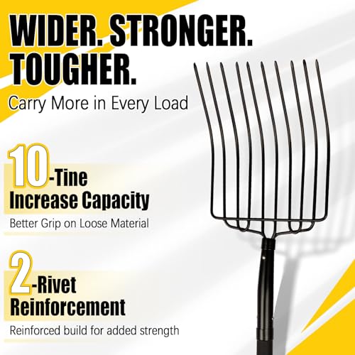 Nohovu Heavy Duty 10 Tine Pitchfork with Fiberglass Handle, 56 Inch Garden Fork for Hay, Compost, Mulch & Yard Work