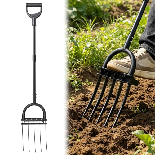 Broad Fork Garden Tool, 55" Heavy Duty 5 Sharp Tines BroadFork Hand Tiller Garden Pitchfork with Ergonomic Handles for Spading Digging Fork - size: Broad Fork 55Inch