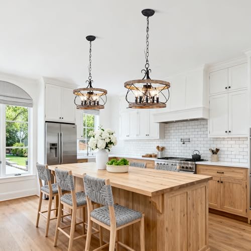 15.7" Farmhouse Chandelier for Dining Room, 5-Light Wood Drum | Rustic Chandelier Dining Room Light Fixture French Country Industrial Pendant Lamp for Living Room Kitchen Island Entryway - color: 15.7" Wood Drum