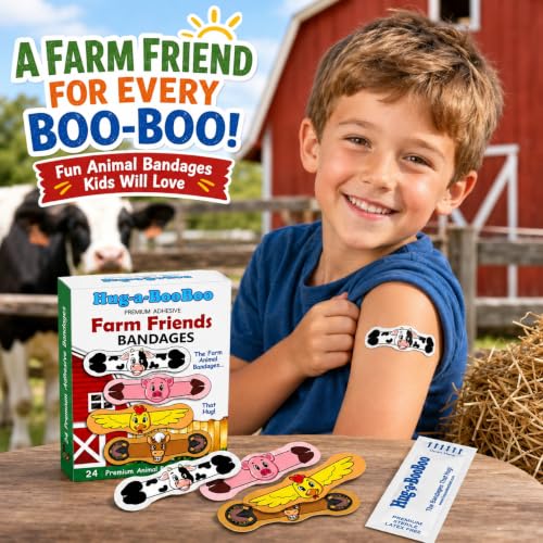 Farm Friends Hugging Farm Animal Adhesive Bandages from Hug-a-BooBoo, The Amazing Bandages that Hug! Super Fun Hugging Cow, Horse, Pig and Chicken! 24 Ct Box - size: 24ct, style: Farm Friends