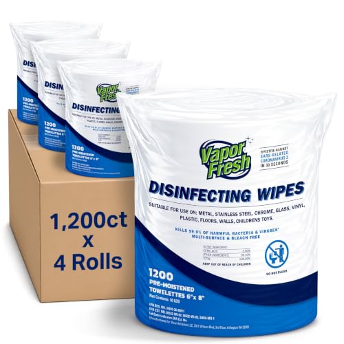 Vapor Fresh Disinfecting Wipes For Gym Equipment, 1200 Count, 4 Rolls | Gym wipes, Free of quats, Refill rolls, Kills germs, Fits all dispensers, For treadmills weights benches and more - size: 1200 Count (Pack of 4)