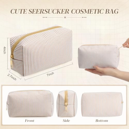 Sanwuta 20 Pcs Seersucker Cosmetic Bags Bulk, Striped Zippered,Khaki | Makeup Bags Women Pouch, Large Preppy Storage Toiletry Travel Pouch for Wedding Bridesmaid Bride Favor Back to Teacher Gift - color: Khaki
