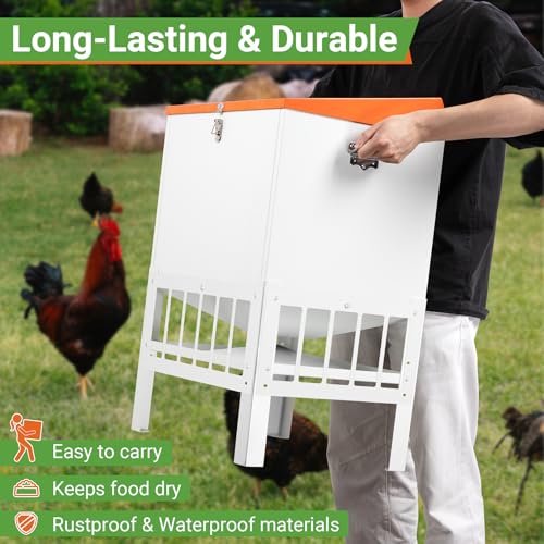 Chicken Feeder with Grille, 85LBS No Waste Chicken Feeder with 22 Ports, Powder-Coated Steel Feeder w/Waterproof Lid and Stainless Handles, 18”L x 15.1”W x 29.5”H