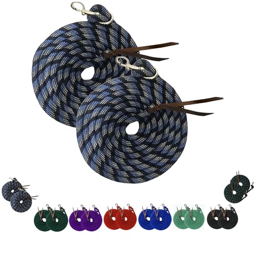 Majestic Ally 14' Pack of 2 Poly Training Lead Rope with Leather Popper for Horses & Livestock – 14 Foot Long and 5/8 inch Thick - Replaceable Heavy-Duty Bolt Snap (Navy-Blue-White) - color: Navy-Blue-White