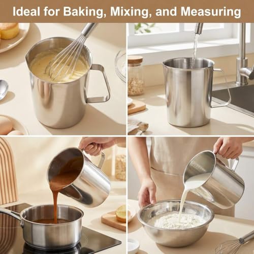 QWORK 304 Stainless Steel Measuring Cup 64 OZ with OZ/ML Graduations, 8 Cup Kitchen Mixing Pitcher, Precision Engraved Markings, Container for Baking and Frothing, 2 Liter