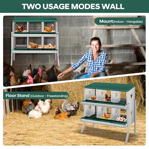 6 Compartment Chicken Nest, Stainless Steel Laying Boxes for Hens with 4 Dummy Eggs and 10 Dampproof Pets Mats, Wall Mounted or Free Standing Chicken Boxes, Roll Out Design, Green, with Stand Style